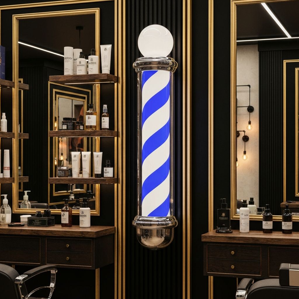 Premium barbershop interior with classic barber pole and warm ambient lighting