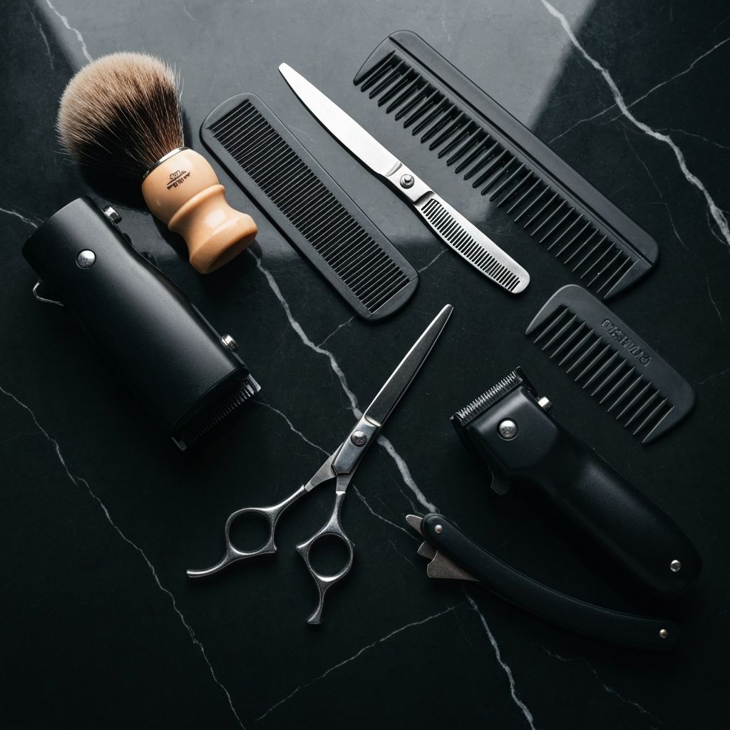 Professional barber tools including scissors, straight razors, and combs arranged on a dark marble surface